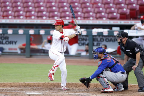 CINCINNATI, OH – JULY 29: Shogo Akiyama #4 of the Cincinnati Reds bats in the fifth inning of the game against the Chicago Cubs. (Photo by Joe Robbins/Getty Images).