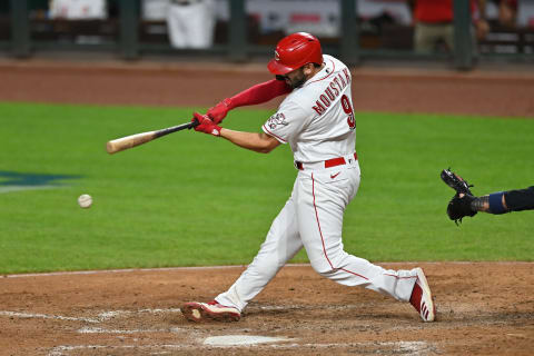 CINCINNATI, OH – AUGUST 3: Mike Moustakas #9 of the Cincinnati Reds bats at Great American Ball Park. (Photo by Jamie Sabau/Getty Images)