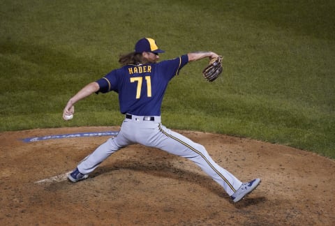 CHICAGO, ILLINOIS – AUGUST 14: Josh Hader #71 of the Milwaukee Brewers throws a pitch during the game against the Chicago Cubs (Photo by Nuccio DiNuzzo/Getty Images)