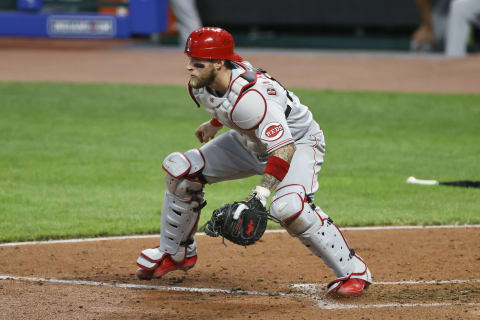 CLEVELAND, OH – AUGUST 05: Tucker Barnhart #16 of the Cincinnati Reds plays against the Cleveland Indians during the fifth inning. (Photo by Ron Schwane/Getty Images)