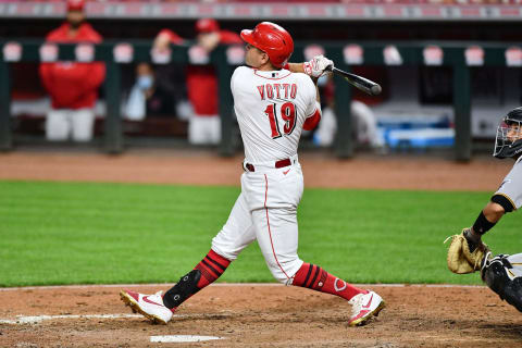 CINCINNATI, OH – SEPTEMBER 14: Joey Votto #19 of the Cincinnati Reds bats against the Pittsburgh Pirates during game two of a doubleheader. (Photo by Jamie Sabau/Getty Images)