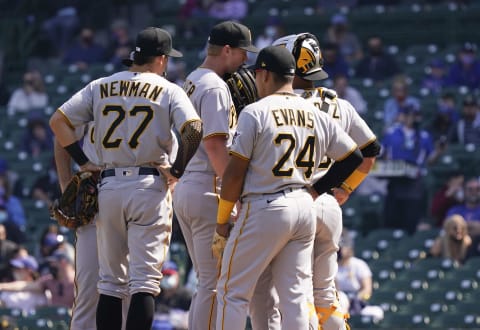 CHICAGO, ILLINOIS – APRIL 04: Mitch Keller (#23) speaks with Michael Perez (#5) of the Pittsburgh Pirates during the third inning. (Photo by Nuccio DiNuzzo/Getty Images)