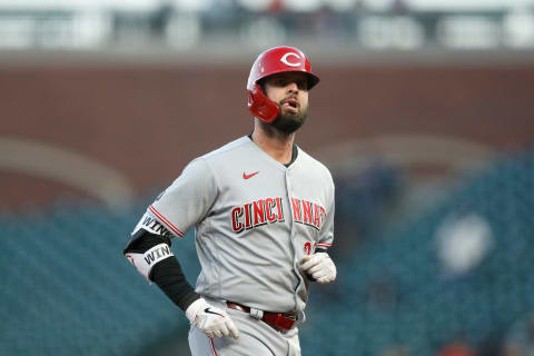 SAN FRANCISCO, CALIFORNIA – APRIL 12: Jesse Winker #33 of the Cincinnati Reds rounds the bases after hitting a two-run home run. (Photo by Lachlan Cunningham/Getty Images)