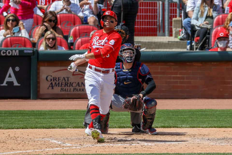 CINCINNATI, OHIO – APRIL 18: Joey Votto #19 of the Cincinnati Reds hits a double. (Photo by Dylan Buell/Getty Images)