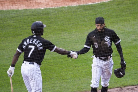 CHICAGO, ILLINOIS – APRIL 29: Tim Anderson #7 of the Chicago White Sox and Billy Hamilton #0, formerly of the Cincinnati Reds, celebrate. (Photo by Quinn Harris/Getty Images)