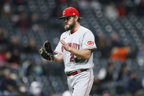 CLEVELAND, OH – MAY 07: Wade Miley #22 of the Cincinnati Reds celebrates after the last out. (Photo by Ron Schwane/Getty Images)