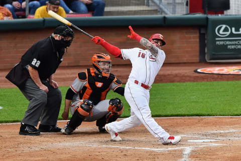 CINCINNATI, OH – MAY 17: Tucker Barnhart #16 of the Cincinnati Reds bats. (Photo by Jamie Sabau/Getty Images)