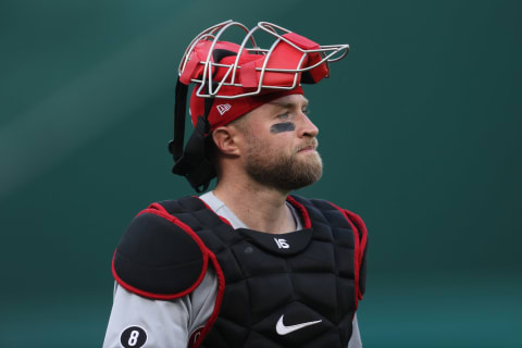 WASHINGTON, DC – MAY 26: Tucker Barnhart #16 of the Cincinnati Reds walks to the dugout. (Photo by Patrick Smith/Getty Images)