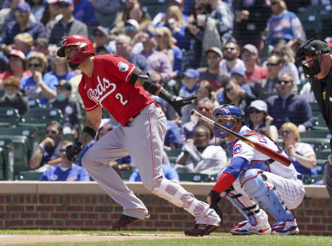 CHICAGO, ILLINOIS – MAY 30: Nick Castellanos #2 of the Cincinnati Reds hits a single. (Photo by Nuccio DiNuzzo/Getty Images)