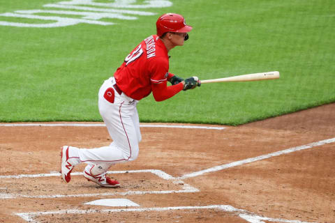 CINCINNATI, OHIO – JUNE 01: Tyler Stephenson #37 of the Cincinnati Reds hits a single. (Photo by Dylan Buell/Getty Images)