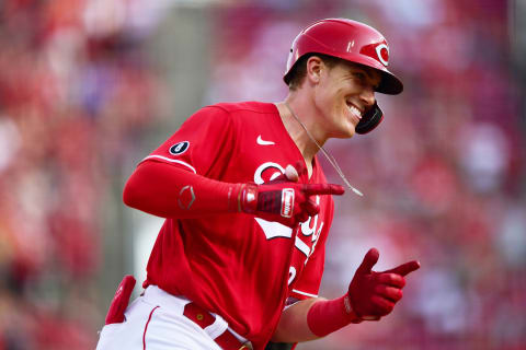 CINCINNATI, OHIO – JUNE 26: Tyler Stephenson #37 of the Cincinnati Reds reacts to his solo home run. (Photo by Emilee Chinn/Getty Images)