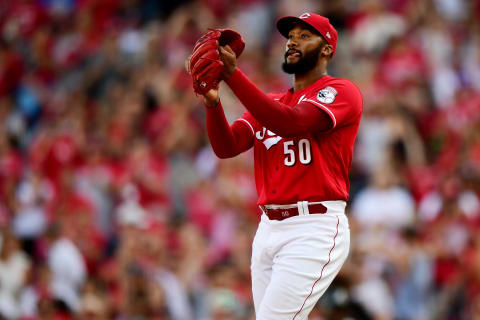 CINCINNATI, OHIO – JUNE 26: Amir Garrett #50 of the Cincinnati Reds reacts to their 4-1 win. (Photo by Emilee Chinn/Getty Images)