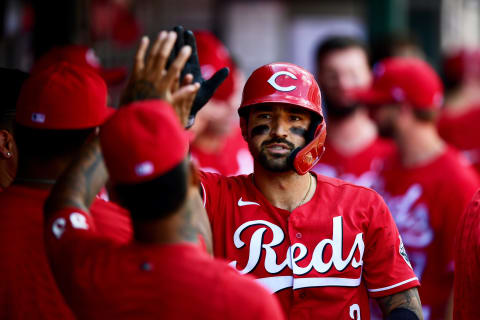 CINCINNATI, OHIO – JUNE 26: Nick Castellanos #2 of the Cincinnati Reds celebrates with teammates. (Photo by Emilee Chinn/Getty Images)