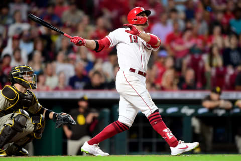 CINCINNATI, OHIO – JUNE 30: Joey Votto #19 of the Cincinnati Reds hits a solo home run in the third inning for his 1000th career RBI. (Photo by Emilee Chinn/Getty Images)