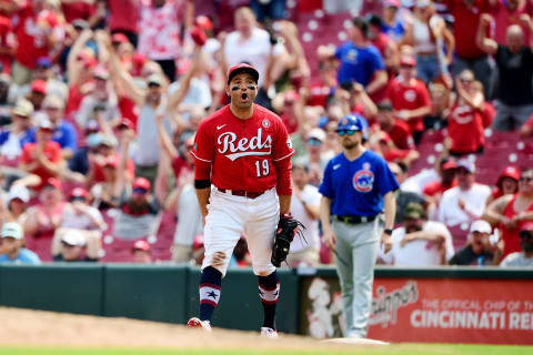 CINCINNATI, OHIO – JULY 04: Joey Votto #19 of the Cincinnati Reds reacts after a double play. (Photo by Emilee Chinn/Getty Images)