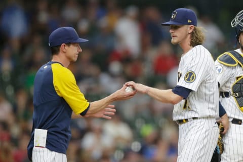 MILWAUKEE, WISCONSIN – JULY 11: Josh Hader #71 of the Milwaukee Brewers is taken out of the game after giving up two runs in the ninth inning at Cincinnati Reds. (Photo by John Fisher/Getty Images)