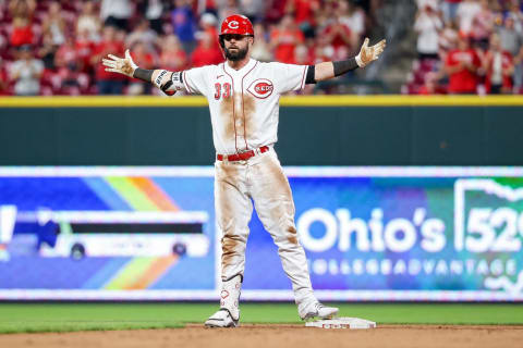 CINCINNATI, OHIO – JULY 19: Jesse Winker #33 of the Cincinnati Reds celebrates. (Photo by Dylan Buell/Getty Images)