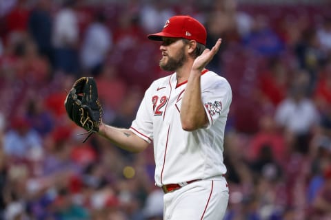 CINCINNATI, OHIO – JULY 20: Wade Miley #22 of the Cincinnati Reds reacts in the sixth inning. (Photo by Dylan Buell/Getty Images)