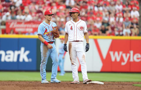 CINCINNATI, OHIO – JULY 24: Shogo Akiyama #4 of the Cincinnati Reds stands on second base in the second inning. (Photo by Andy Lyons/Getty Images)