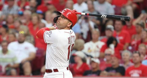 CINCINNATI, OHIO – JULY 24: Joey Votto #19 of the Cincinnati Reds hits a home run. (Photo by Andy Lyons/Getty Images)