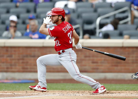 NEW YORK, NEW YORK – AUGUST 01: Max Schrock #32 of the Cincinnati Reds follows through. (Photo by Jim McIsaac/Getty Images)