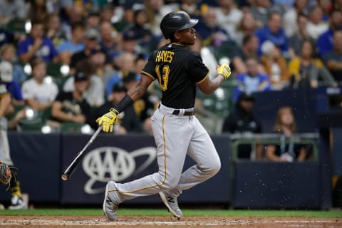 MILWAUKEE, WISCONSIN – AUGUST 02: Ke’Bryan Hayes #13 of the Pittsburgh Pirates up to bat. (Photo by John Fisher/Getty Images)
