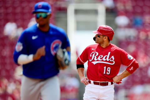 CINCINNATI, OHIO – AUGUST 18: Joey Votto #19 of the Cincinnati Reds reacts after a double play. (Photo by Emilee Chinn/Getty Images)