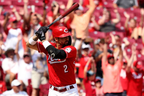 CINCINNATI, OHIO – AUGUST 22: Nick Castellanos #2 of the Cincinnati Reds waits for a pitch. (Photo by Justin Casterline/Getty Images)