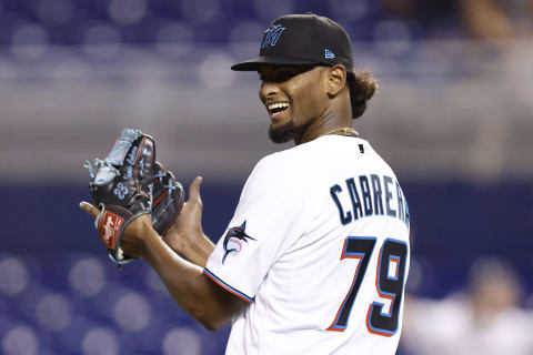 MIAMI, FLORIDA – AUGUST 25: Edward Cabrera #79 of the Miami Marlins reacts to a double play during the sixth inning. (Photo by Michael Reaves/Getty Images)