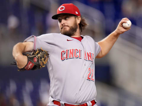 MIAMI, FLORIDA – AUGUST 27: Wade Miley #22 of the Cincinnati Reds delivers a pitch. (Photo by Mark Brown/Getty Images)