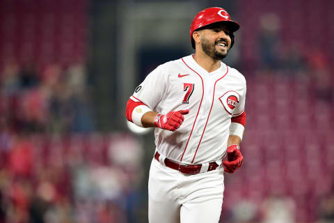 CINCINNATI, OHIO – SEPTEMBER 20: Eugenio Suarez, #7 of the Cincinnati Reds, celebrates after hitting a home run. (Photo by Emilee Chinn/Getty Images)