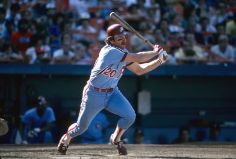 NEW YORK – CIRCA 1982: Mike Schmidt #20 of the Philadelphia Phillies swings and watches the flight of his ball . (Photo by Focus on Sport/Getty Images)