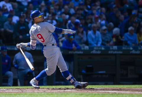 SEATTLE, WA – MAY 01: Javier Baez #9 of the Chicago Cubs watches his solo home run fly out of the field in the second inning against the Seattle Mariners at T-Mobile Park on May 1, 2019 in Seattle, Washington. (Photo by Lindsey Wasson/Getty Images)