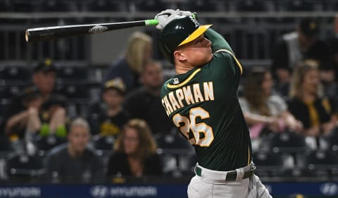 PITTSBURGH, PA – MAY 03: Matt Chapman #26 of the Oakland Athletics hits a two run home run in the seventh inning during the game against the Pittsburgh Pirates at PNC Park on May 3, 2019 in Pittsburgh, Pennsylvania. (Photo by Justin Berl/Getty Images)