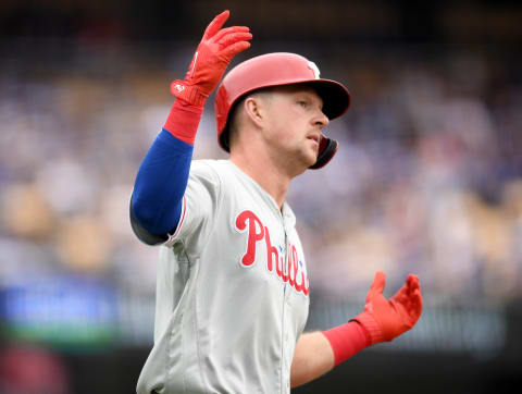 LOS ANGELES, CALIFORNIA – JUNE 02: Rhys Hoskins #17 of the Philadelphia Phillies reacts to his fly out to end the fourth inning against the Los Angeles Dodgers at Dodger Stadium on June 02, 2019 in Los Angeles, California. (Photo by Harry How/Getty Images)