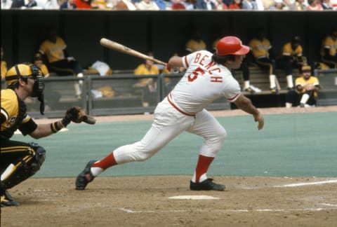 CINCINNATI, OH – CIRCA 1973: Johnny Bench #5 of the Cincinnati Reds (Photo by Focus on Sport/Getty Images)