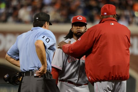 SAN FRANCISCO, CA – OCTOBER 06: Manager Duster Baker #12 of the Cincinnati Reds talks to Johnny Cueto #47 of the Cincinnati Reds (Photo by Thearon W. Henderson/Getty Images)