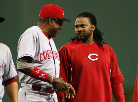 PITTSBURGH, PA – MAY 31: Dusty Baker #12 of the Cincinnati Reds talks with winning pitcher Johnny Cueto #47 (Photo by Justin K. Aller/Getty Images)