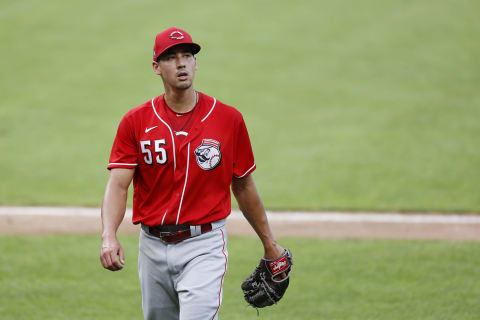 CINCINNATI, OH – JULY 18: Robert Stephenson #55 of the Cincinnati Reds reacts during team scrimmage (Photo by Joe Robbins/Getty Images)