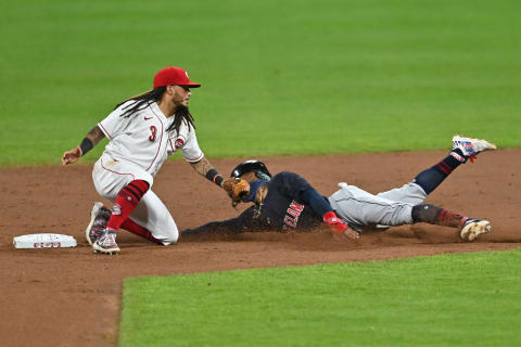 CINCINNATI, OH – AUGUST 3: Francisco Lindor #12 of the Cleveland Indians is tagged out by Freddy Galvis #3 of the Cincinnati Reds (Photo by Jamie Sabau/Getty Images)