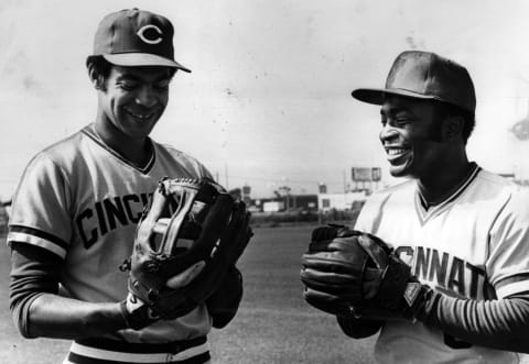 MARCH 8, 1978: Joe Morgan, the smallest of the Reds’ regulars, compares his small glove to center fielder Cesar Geronimo’s “basket.”The Enquirer/Fred Straubscanned September 14, 2012FROM A MONDAY APRIL 24, 1978 REFER: Morgan Misses, But Reds Win In 10th Inning. Page C-1.Morgan 3