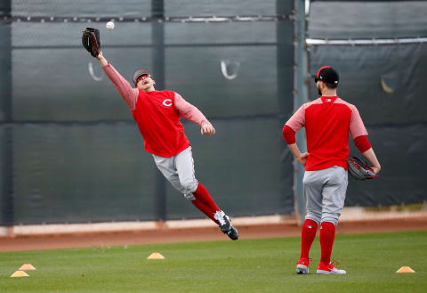 Cincinnati Reds outfielder TJ Friedl (79) leads for a catch during practice.Reds Spring Training