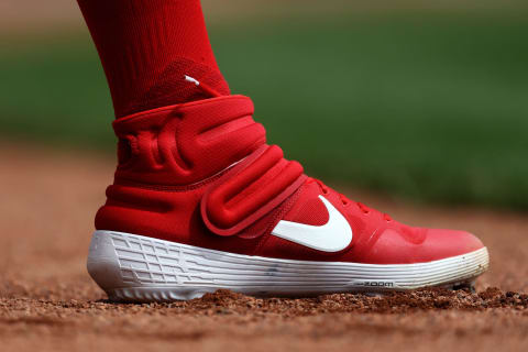 Apr 11, 2019; Cincinnati, OH, USA; A view of the Nike cleats worn by right fielder Yasiel Puig (66) in the game of the Miami Marlins against the Cincinnati Reds. Mandatory Credit: Aaron Doster-USA TODAY Sports