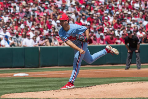 Jun 10, 2019; Fayetteville, AR, USA; Mississippi Rebels pitcher Gunnar Hoglund (17) throws a pitch. Mandatory Credit: Brett Rojo-USA TODAY Sports