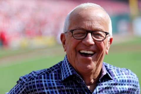 Cincinnati Reds Hall of Fame broadcaster Marty Brennaman smiles during pregame ceremonies.