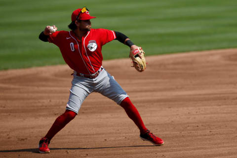 Cincinnati Reds shortstop Alex Blandino (0) fields a ground ball in the second inning of an intrasquad scrimmage.