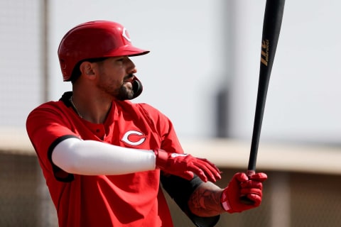 Cincinnati Reds right fielder Nick Castellanos (2) get set in the batter’s box during live batting practice. Cincinnati Reds Spring Training 2 21 2020