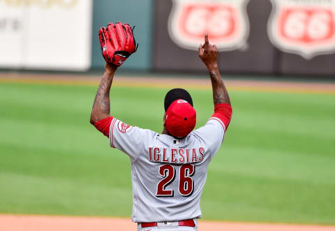 Sep 13, 2020; St. Louis, Missouri, USA; Cincinnati Reds relief pitcher Raisel Iglesias (26) celebrates after the Reds defeated the St. Louis Cardinals. Mandatory Credit: Jeff Curry-USA TODAY Sports