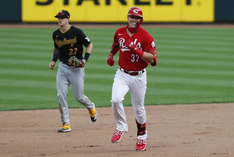 Sep 14, 2020; Cincinnati, Ohio, USA; Cincinnati Reds pinch hitter Tyler Stephenson (37) reacts as he runs the bases after hitting a walk off two-run home run. Mandatory Credit: David Kohl-USA TODAY Sports