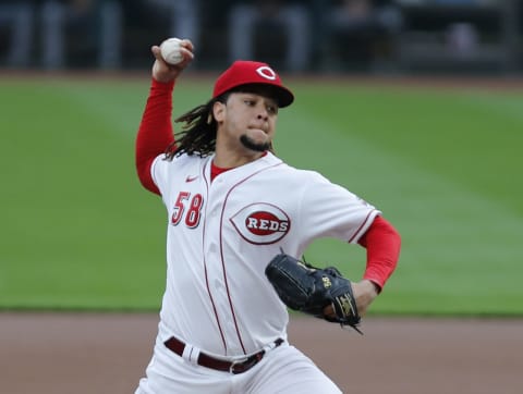 Sep 16, 2020; Cincinnati, Ohio, USA; Cincinnati Reds starting pitcher Luis Castillo (58) throws against the Pittsburgh Pirates during the first inning. Mandatory Credit: David Kohl-USA TODAY Sports